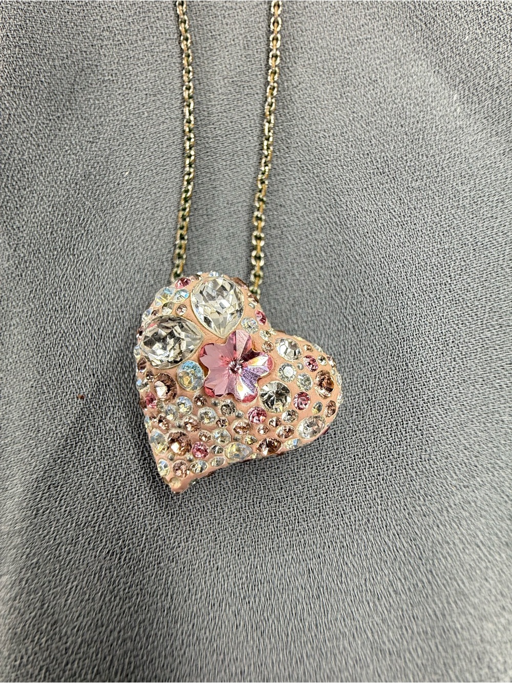 Delicate Pink & white Swarvsky Crystal Heart Necklace with Floral Accent